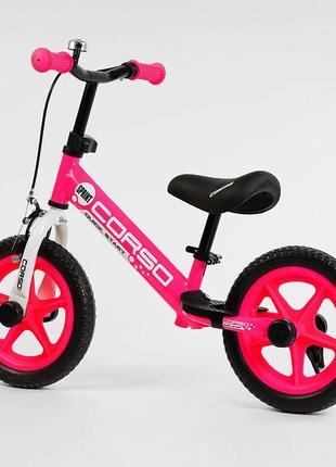Біговел дитячий 12 дюймів corso 28631 рожевий, колеса eva (пена) з ручним гальмом, підставка для ніжок4 фото