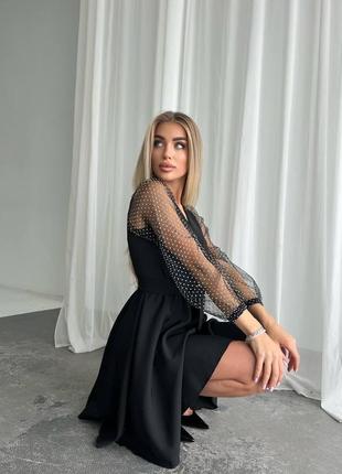 Ніжна сукня з поясом та прозорими рукавами в гороховий принт🔥7 фото