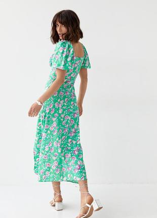 Летнее цветочное платье миди с кулиской на груди - зеленый цвет, s (есть размеры)2 фото