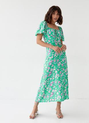 Летнее цветочное платье миди с кулиской на груди - зеленый цвет, s (есть размеры)6 фото