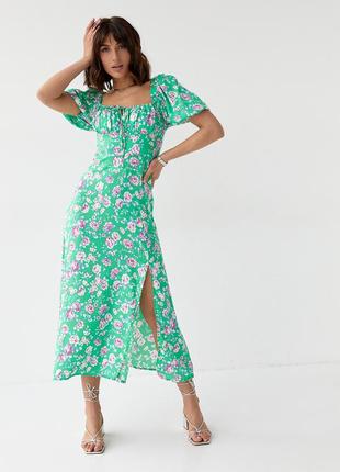 Летнее цветочное платье миди с кулиской на груди - зеленый цвет, s (есть размеры)5 фото