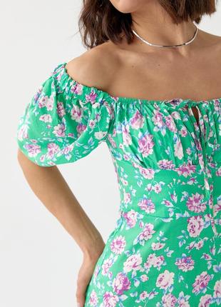Летнее цветочное платье миди с кулиской на груди - зеленый цвет, s (есть размеры)4 фото
