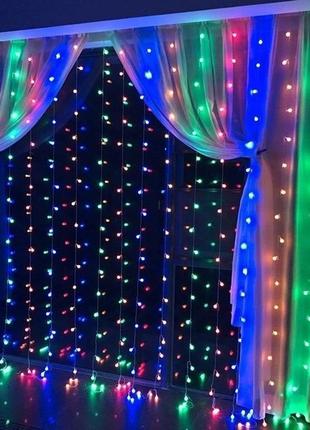 Гірлянда 3m*2m штора на вікно водоспад на прозорому дроті 400 (240 led) мульти кольорова новорічна гірлянда1 фото