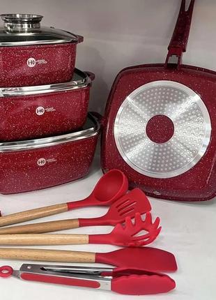 Кухонний набір посуду з антипригарним покриттям і сковорода hk-317 сковороди з гранітним покриттям червоний2 фото