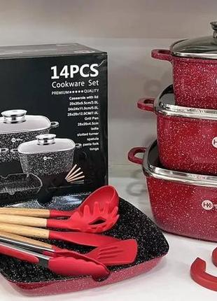 Кухонний набір посуду з антипригарним покриттям і сковорода hk-317 сковороди з гранітним покриттям червоний5 фото