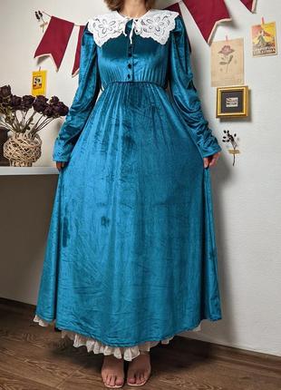 Платье длинное бархатное макси в пол пышное винтажное берюзовое на пуговицах бальное s m4 фото