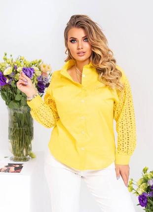 Жіноча сорочка з котону та прошви жовтого кольору р.46/48 3740121 фото