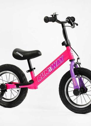 Беговел детский 12 дюймов corso "run-a-way" cv-03348 розовый, на надувных колесах и ручным тормозом