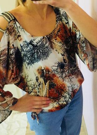Красивая нарядная блуза, деревья принт, широкие рукава, хлопок италия5 фото