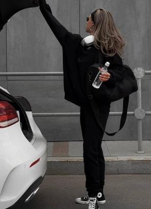 Костюм спортивный женский на флисе оверсайз худи с капишоном с карманом брюки джоггеры на высокой посадке с карманами качественный теплый черный