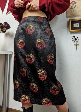 Юбка миди япония восточная драконы вискоза черная прямая винтажная дания1 фото