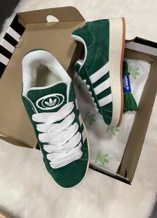 Зимові жіночі кросівки adidas campus winter green white fur зеленого з білим кольорів з хутром6 фото