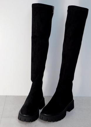 Ботфорты чулки зимние женские замшевые стильные чёрные 38р5 фото