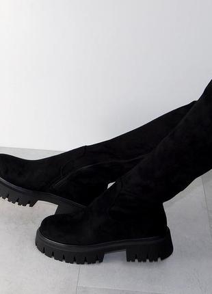 Ботфорты чулки зимние женские замшевые стильные чёрные 38р7 фото