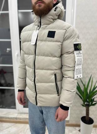 Зимня куртка пуховик stone island  білого кольору з капюшоном тепла