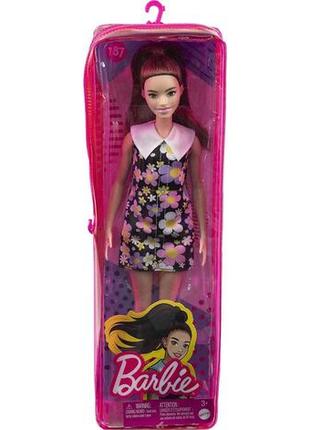 Лялька барбі модна брюнетка у сукні з квітами barbie fashionistas doll #187 hbv196 фото
