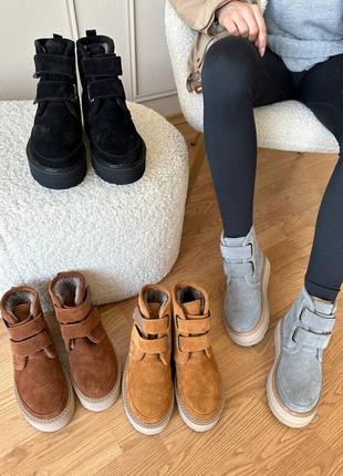 Уггі жіночі замшеві сірого кольору на липучках цигейка 35-42