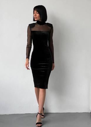 Чорное платье до колен оксамит сетка с рукавами под шею1 фото