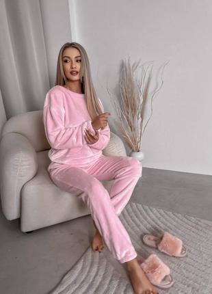 Махровая пижама кофта свободного кроя свитшот штаны джоггеры комплект для сна и дома теплый бежевый коричневый серый розовый2 фото