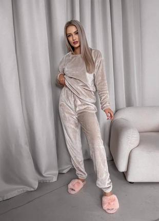 Махровая пижама кофта свободного кроя свитшот штаны джоггеры комплект для сна и дома теплый бежевый коричневый серый розовый3 фото