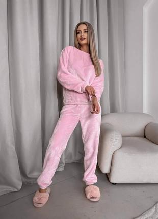 Махрова піжама кофта вільного крою світшот штани джогери комплект для сну та дому теплий бежевий коричневий сірий блакитний рожевий8 фото