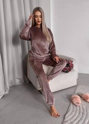Махрова піжама кофта вільного крою світшот штани джогери комплект для сну та дому теплий бежевий коричневий сірий блакитний рожевий10 фото