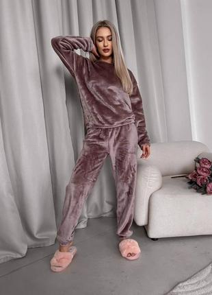 Махровая пижама кофта свободного кроя свитшот штаны джоггеры комплект для сна и дома теплый бежевый коричневый серый розовый9 фото