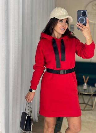 Платье худи теплое оверсайз на флисе с капишоном качественное стильное трендовое серое красное