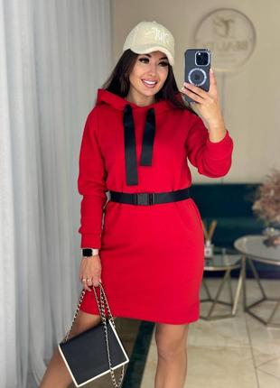 Плаття худі тепле оверсайз на флісі з капішоном якісне стильне трендове сіре червоне2 фото