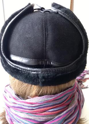 Кожаная зимняя шапка с ушками натуральная овчина замша мужская р.582 фото