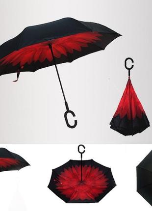 Зонт обратного складывания красный хризантема