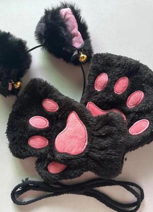 Набор обруч с ушками и митенки лапки теплые варежки перчатки без пальцев