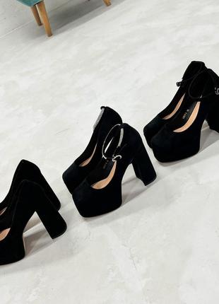 Туфли на каблуке, черные, экозамша9 фото