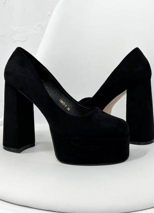 Туфли на каблуке, черные, экозамша7 фото