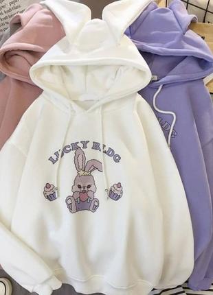 Худи на флисе с принтом и ушками 3 цвета  626то