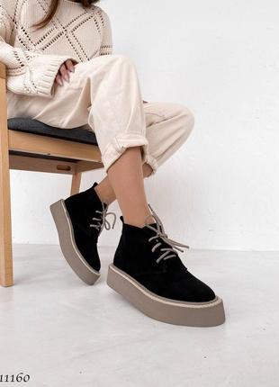 Зимние ботинки на шнуровке кожаные черные на меху овчине