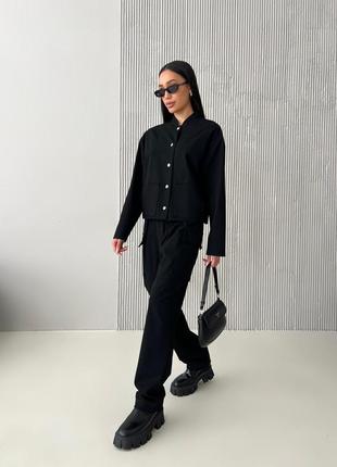 Брюки карго женские, из итальянской костюмной ткани, с накладными карманами, слоучи, черные6 фото
