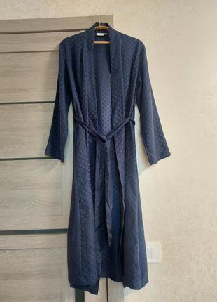 Шёлковый темно-синий длинный халат globus lingerie( размер 36-38)7 фото