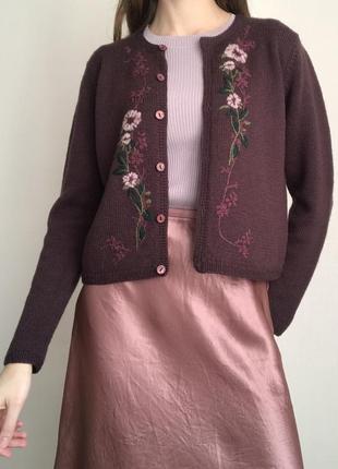 Теплая кофта с вышивкой цветами винтаж на осень шерсть шерсть кардиган стильный2 фото