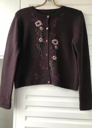 Теплая кофта с вышивкой цветами винтаж на осень шерсть шерсть кардиган стильный5 фото