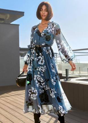 Легка повітряна шифонова сукня плаття з шифону міді довге нижче колін з довгими рукавами та запахом на грудях5 фото