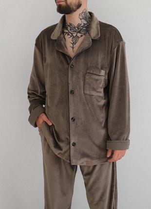 Чоловіча піжама велюр рубашка на ґудзиках і штани. домашній плюшевий костюм для чоловіка сорочка і штани, костюм для дому велюр5 фото