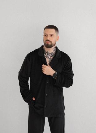 Черная мужская пижама рубашка и брюки из велюра, плюшевая пижама для мужчины рубашка на пуговицах и штаны, костюм для дома плюшевый велюр