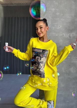 Яскравий стильний теплий утеплений спортивний костюм двійка на флісі з міккі маусом6 фото