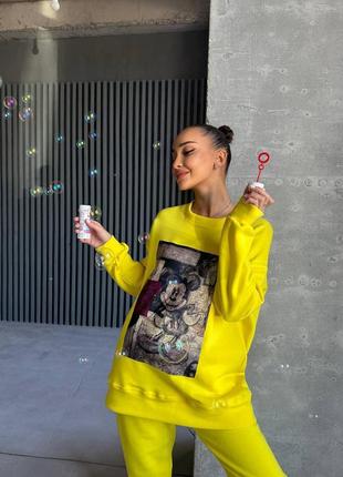 Яскравий стильний теплий утеплений спортивний костюм двійка на флісі з міккі маусом2 фото