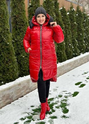 Стильна яскрава червона зимова куртка пальто з капюшоном з хутром 3 кольори 42 44 46 48 50 52 54 56 58 60 розміру5 фото