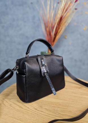 Черная сумка на два отеления, женская сумочка на молнии, средняя сумка с ручкой и длинным ремешком8 фото