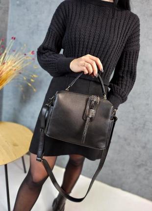 Черная сумка на два отеления, женская сумочка на молнии, средняя сумка с ручкой и длинным ремешком2 фото