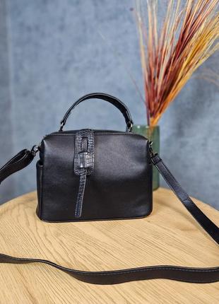Черная сумка на два отеления, женская сумочка на молнии, средняя сумка с ручкой и длинным ремешком9 фото