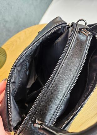 Черная сумка на два отеления, женская сумочка на молнии, средняя сумка с ручкой и длинным ремешком3 фото